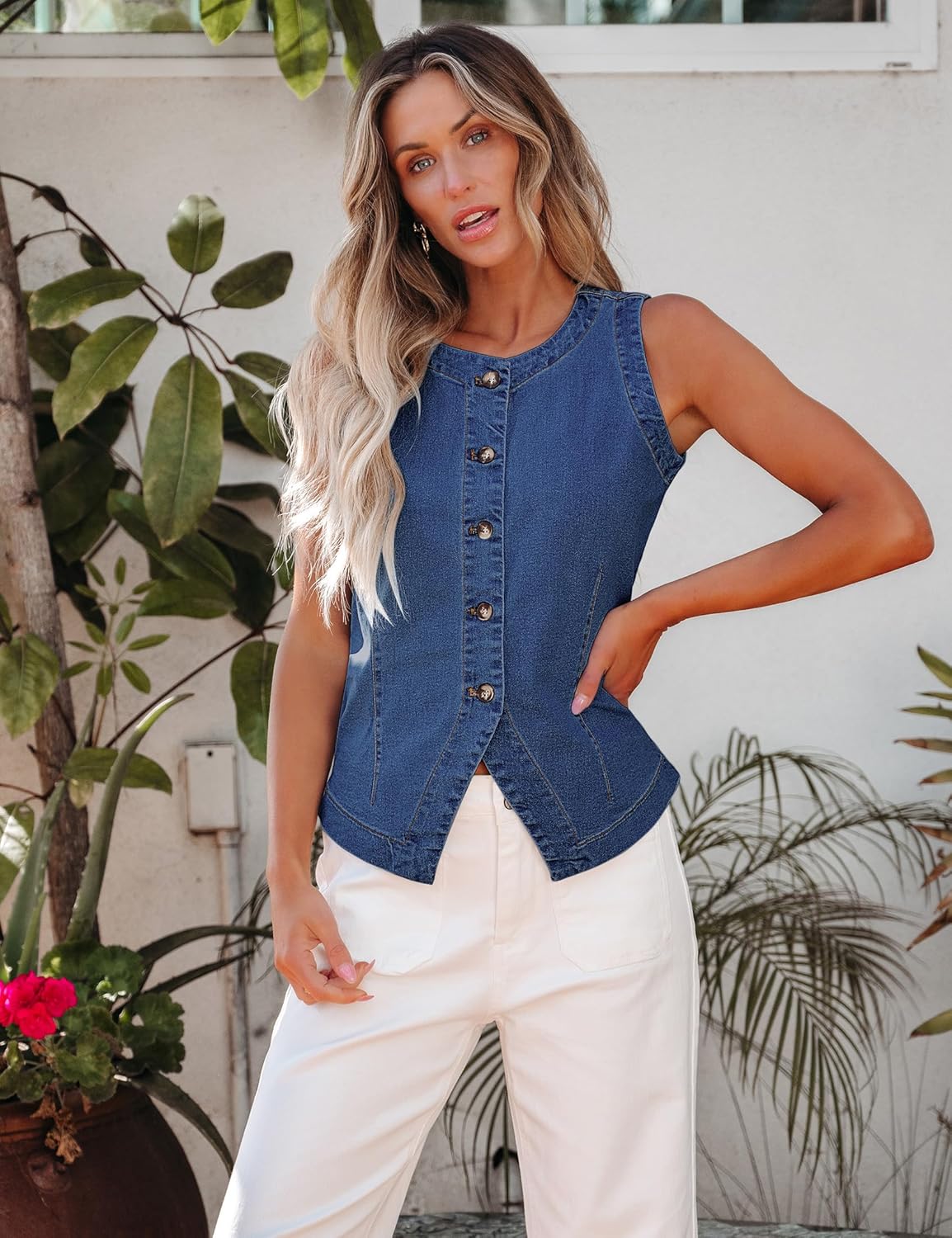 luvamia Denim Vest for Women Sleeveless Strechy Jean Vest Top Button Down Crewneck Casual Summer Western Waistcoat - Image 2