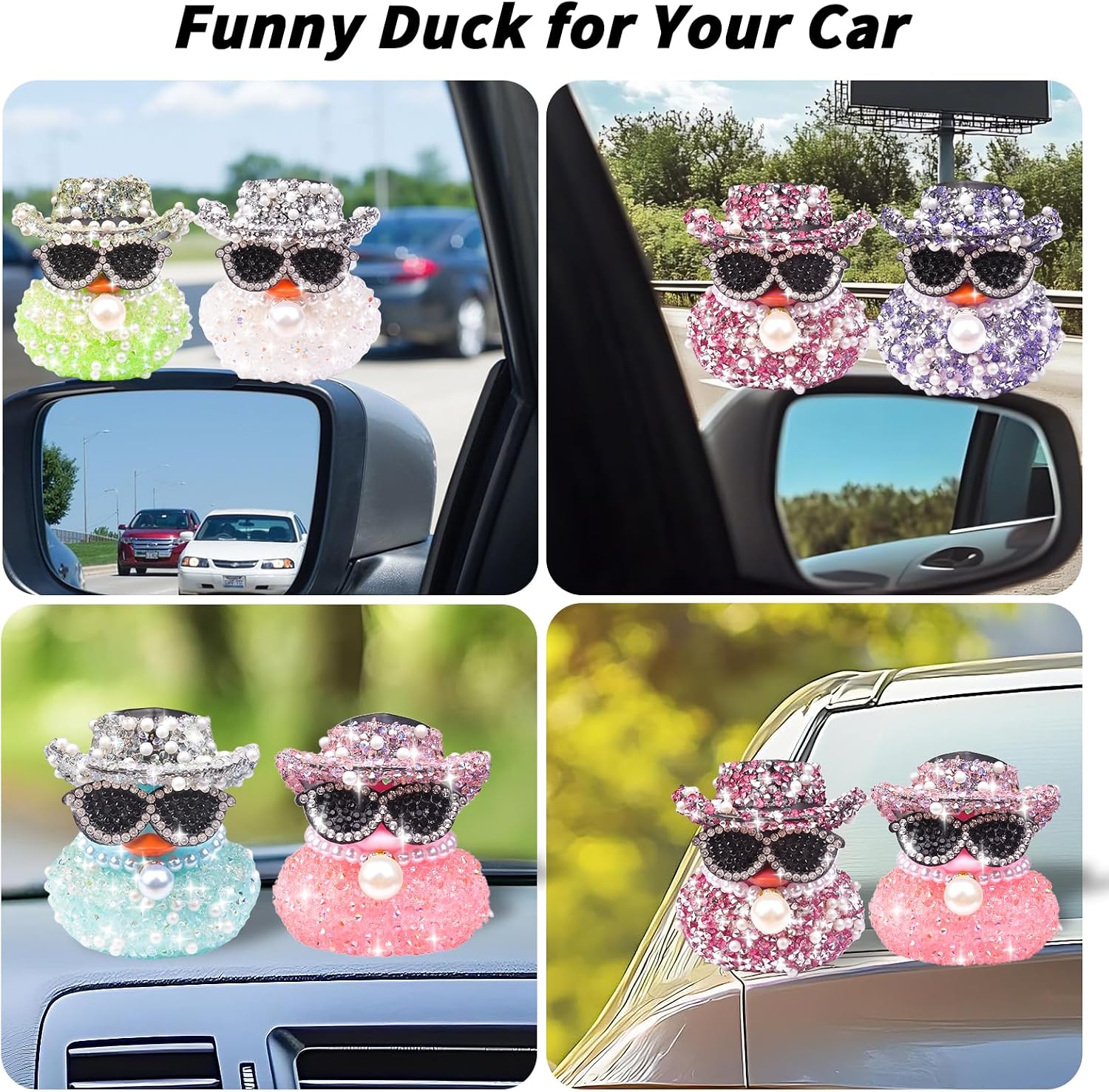 Diamond Rubber Duck Car Ornaments, 6PCS Color Shiny Ducks Car Dashboard Decorations for Cool Car Accessories with Mini Cowboy Hat Necklace Sunglasses