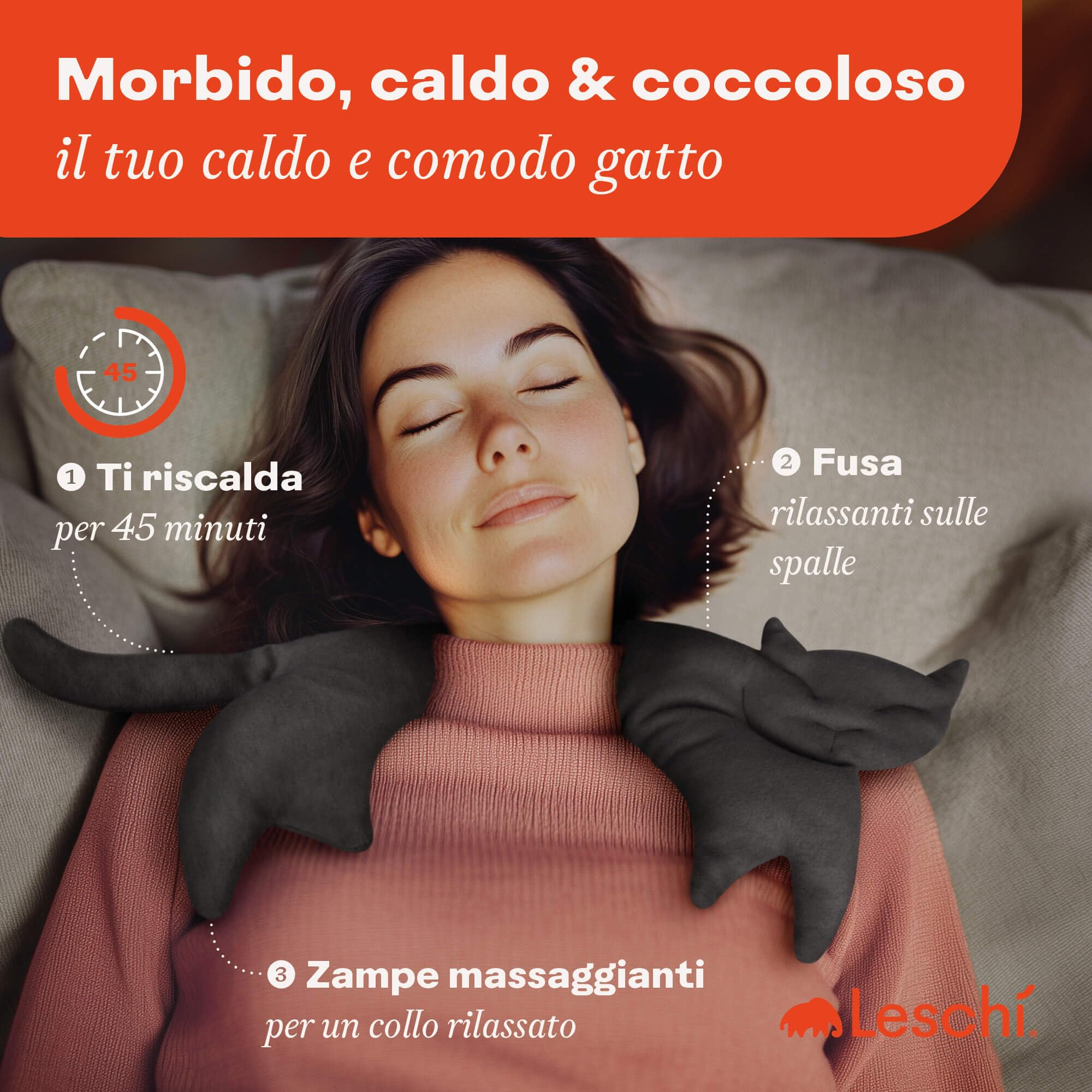 LESCHI Cuscino cervicale termico per microonde, 100% cotone e grano biologico, gatto nero, cuscino riscaldante ideale come fonte di calore in inverno e per alleviare tensioni a spalla schiena collo