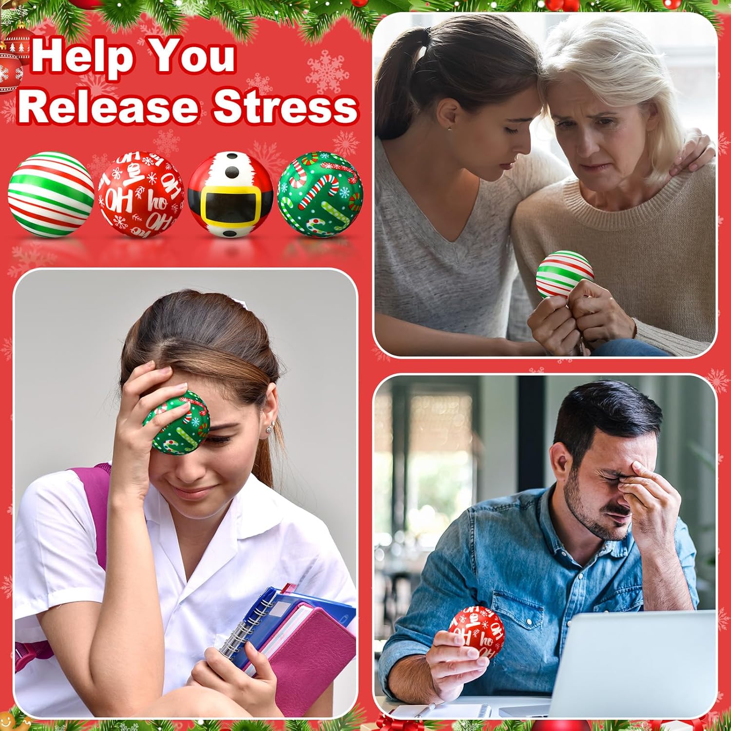 Spakon 128 Pcs Christmas Stress Ball and Ballpoint Pens with Gift Cards Set White Organza Bag Mini Stress Relief Fidget Xmas Gift Prizes for Party Favors Exchange