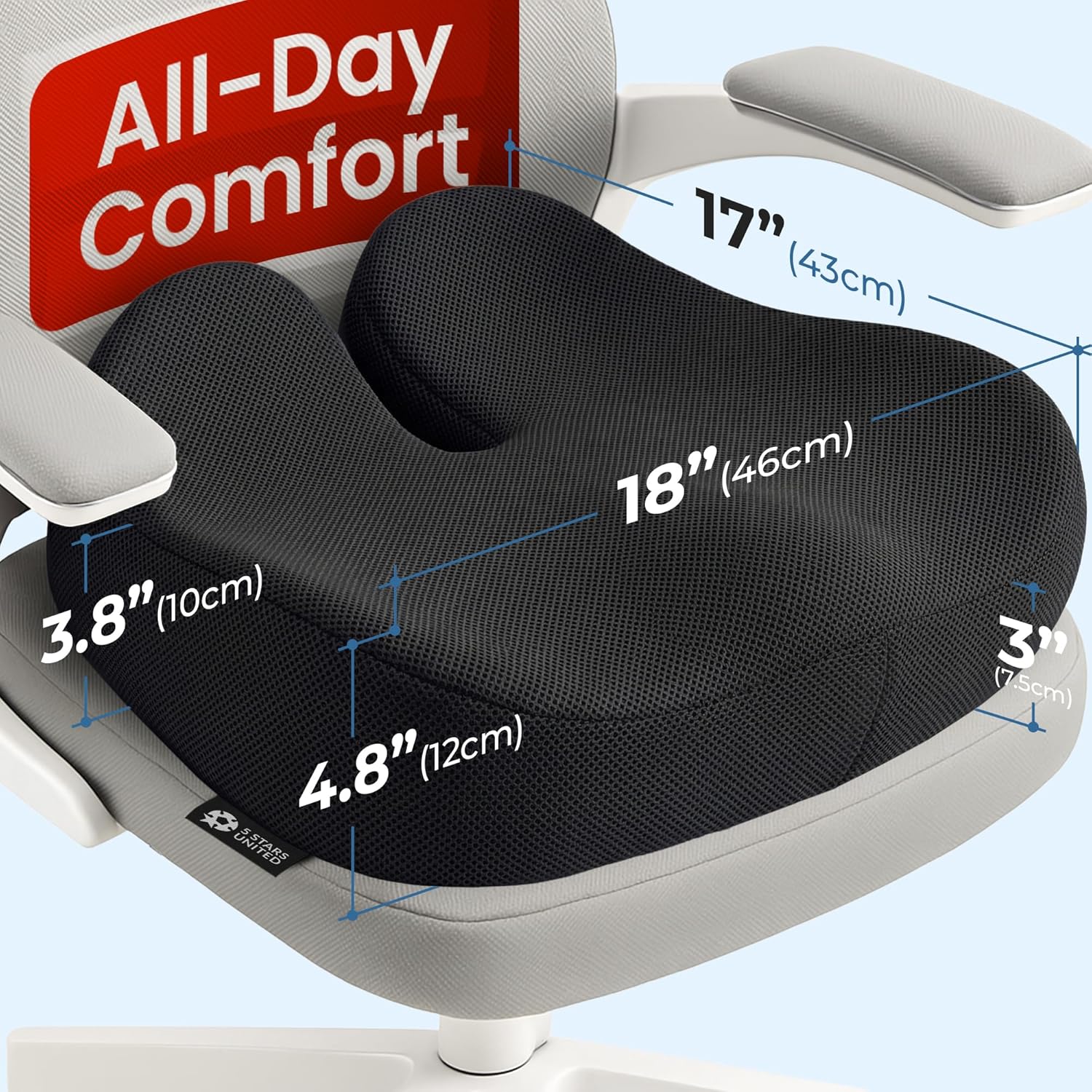 5 stars united seat cushion for tailbone pain relief – memory foam cushion for coccyx, hip, sciatica & post-surgery recovery – wheelchair, car, desk, gaming & office chairs, black, xx-large black mesh xx-large