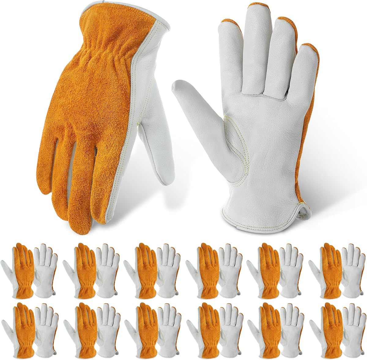 12 Pairs Bulk Leather Work Gloves for Driver for Men or Women Welding Gloves for Truck Driving, Construction, Warehouse, Gardening, Automotive Repair, Cowhide(Yellow, White)