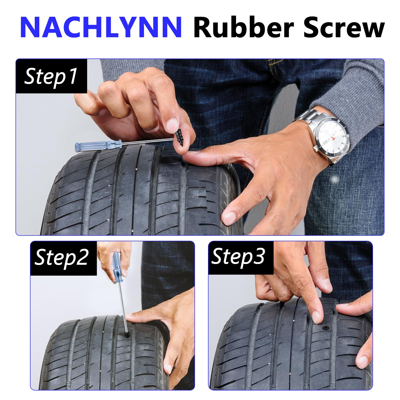 NACHLYNN 80 szt. gwoździ do naprawy opon, samoobsługowe narzędzie do naprawy opon, gwoździe, samogwintujące, gumowe śruby do samochodu, motocykla, ciężarówki, 80 szt