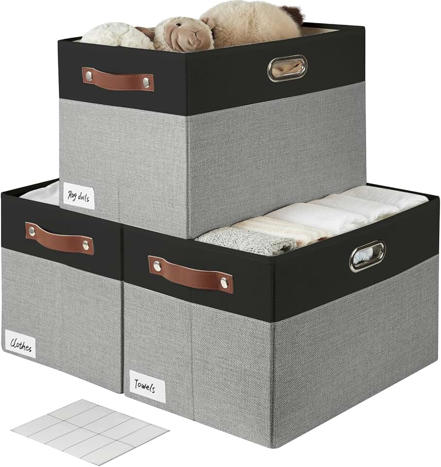 Large Collapsible Fabric Storage Bins with 3 Handles, Foldable Organizer Baskets for Closet, Shelves, Living Room | 3 Pack, Durabl