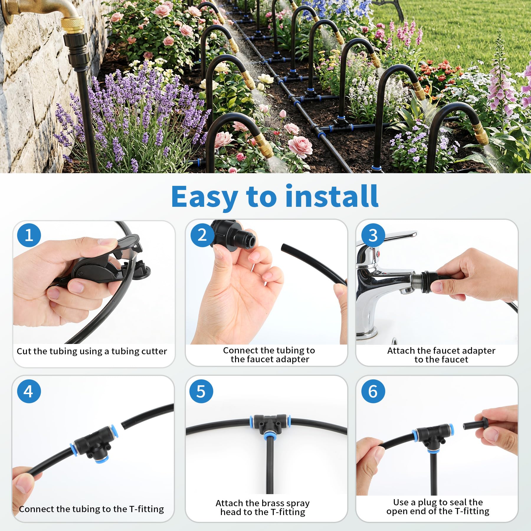 Kit de Riego Automático Aspersión y Goteo 360°, Boquilla de Latón Ajustable, Manguera 15m, 15 Puestos, Fácil Instalación para Jardín Balcón