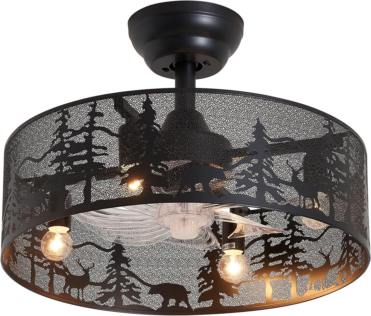 18 Inch Rustic Ceiling Fan with Light and Remote, Black Round Farmhouse Caged Ceiling Fan, Quiet Reversible Motor, Vintage Metal Bear and Deer Design for Bedroom Living Room