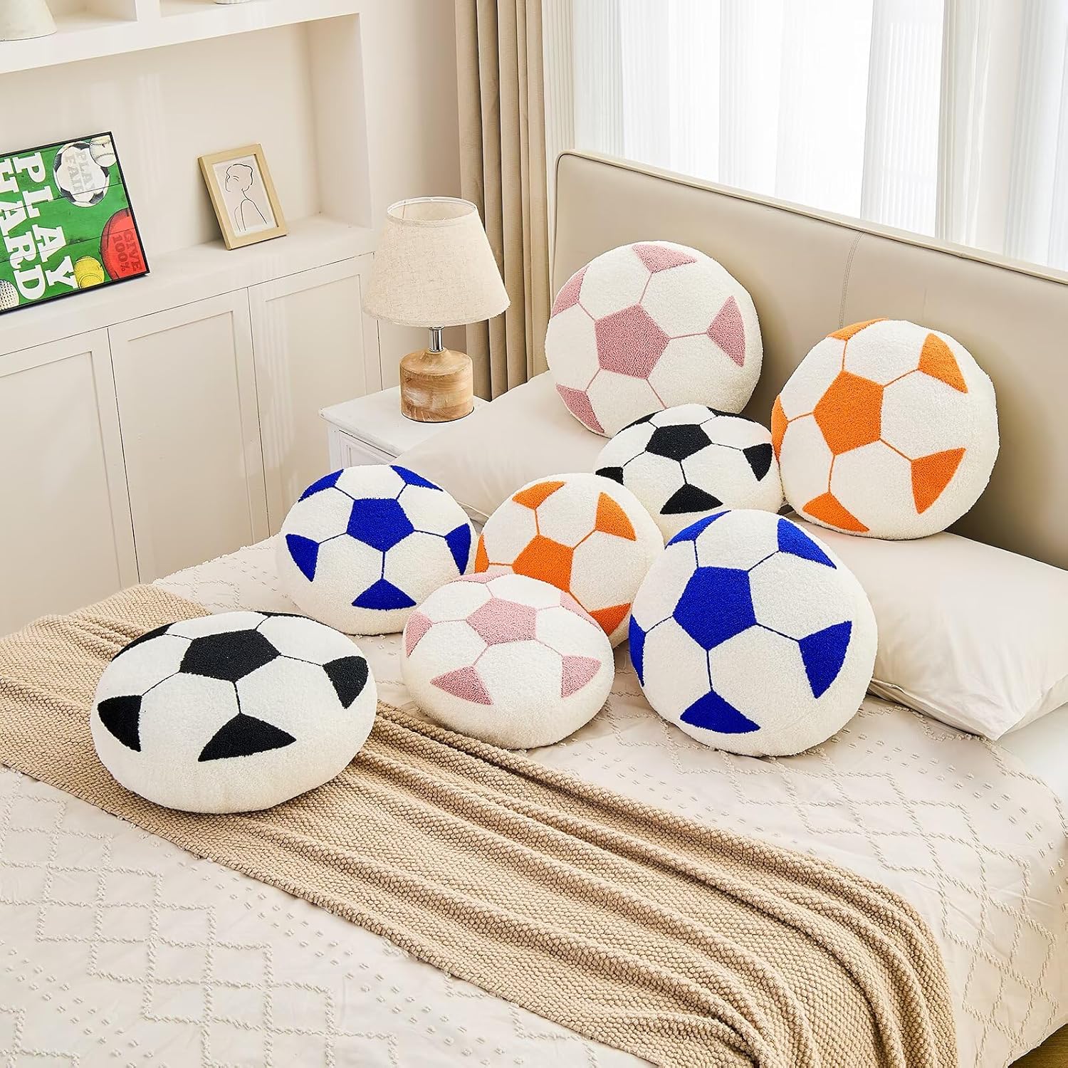 Uvvyui Soccer Pillow Football Throw Pillows Round Shaped Decorative Pillow Aesthetic Room Decor Soccerball Plush Cushion for Couch Bedroom（Orange, 15.7 Inch）