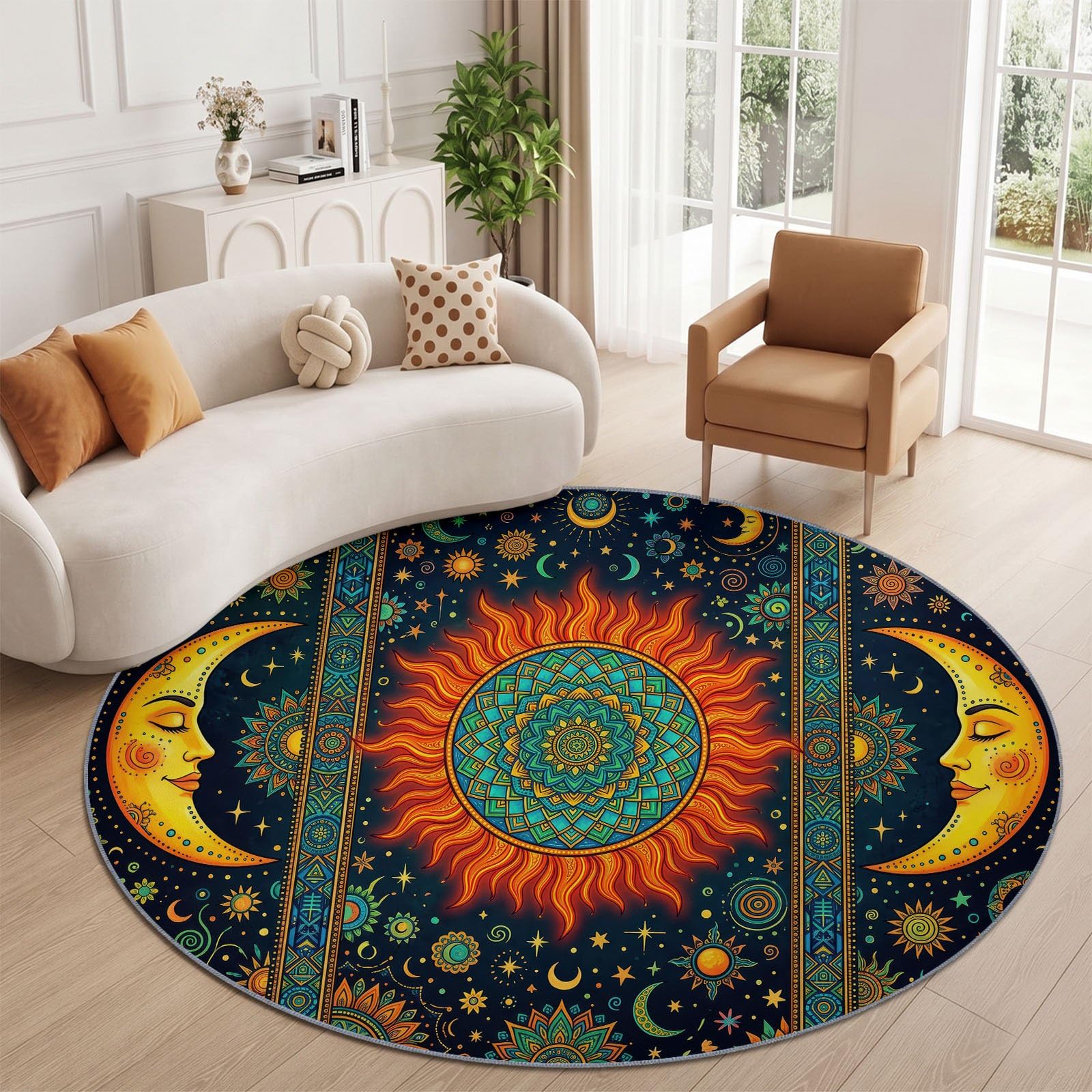 Okrągły dywan w stylu boho, etniczny, zmywalny, 160 cm, słońce, księżyc, mandala, gwiazdy, sztuczna wełna, antypoślizgowy, pomarańczowy, okrągły dywan do salonu, sypialni, pralni, dekoracja