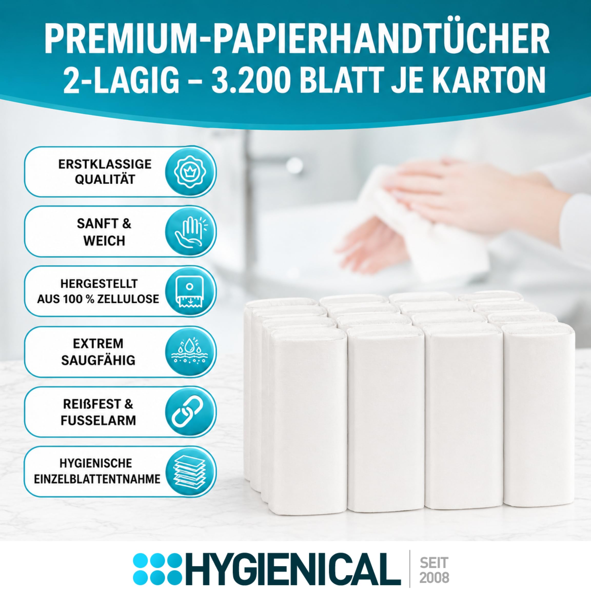 Premium-Papierhandtücher, 2-lagig, Zellstoff, 25 x 21 cm, 3.200 Blatt – Falthandtücher, Top-Handtuchpapier, Hygienischer Betriebsbedarf, Weiß, Für Büro, Gastronomie & Haushalt
