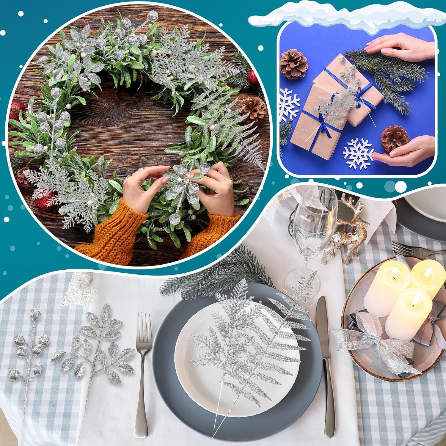 Moucuny Christmas Glitter Artificial Picks Set Leaf Sprays Cedar Picks Glitter Berries Stems Tropical Leaf Pine Needles Xmas Stems Branches for Christmas Tree Vase Home(Silver,80 Pcs)