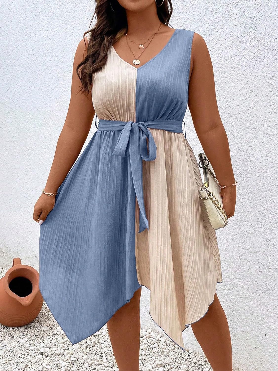 SOLY HUX Women's Plus Size Color Block Dress V Neck Sleeveless A Line Asymmetrical Hem Belted Dresses - Image 4