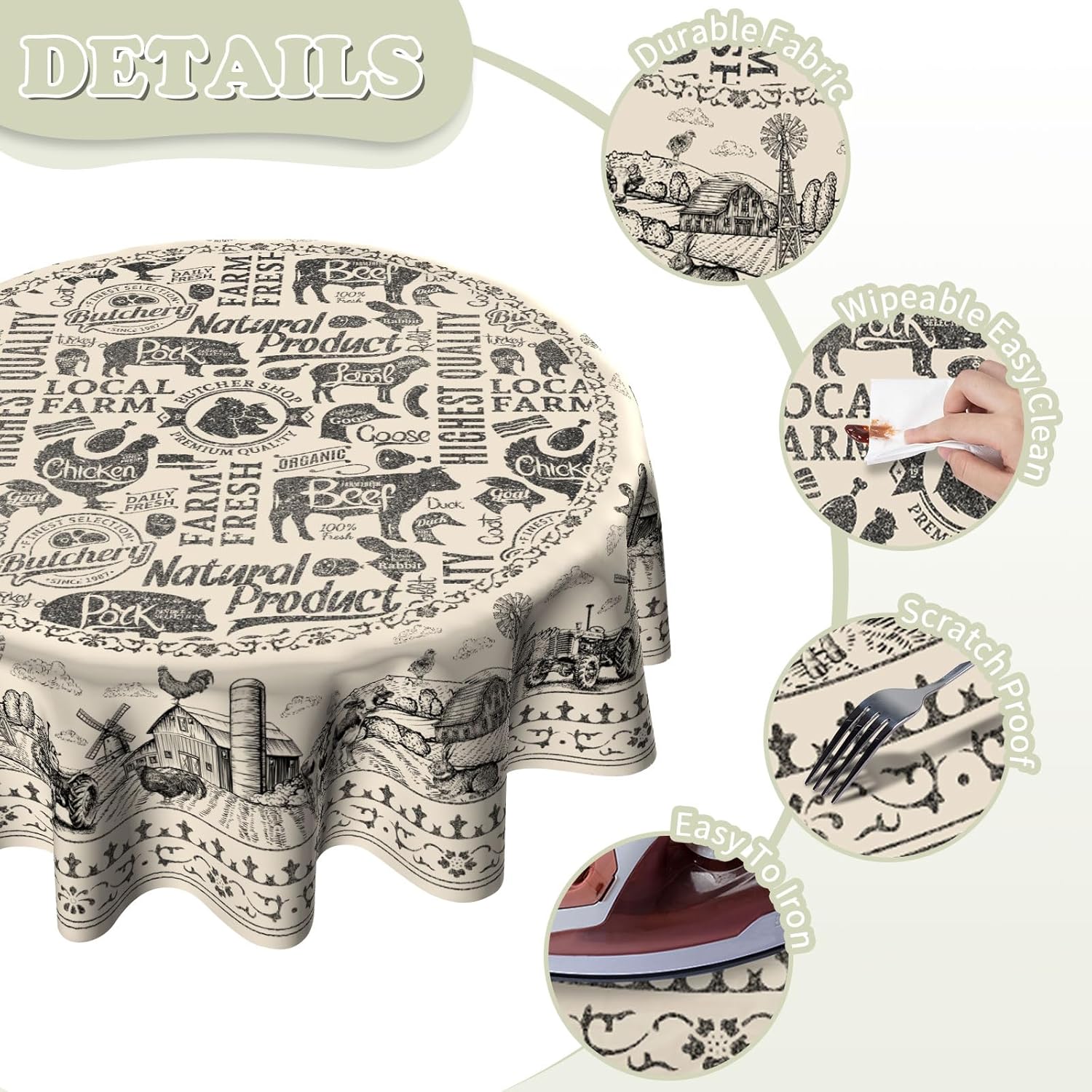 Imiss Vintage Cow House Round Tablecloth 60 Inch - Farmhouse Animal Washable Table Cloth Rustic Chicken Wrinkle Resistant Table Cover for Party Picnic Dinner Decor - Image 6