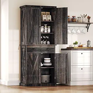 DWVO 72'' Farmhouse Kitchen Pantry, Rustic Wood Kitchen Storage Cabinets with Adjustable Shelves & Drawer, Tall Freestanding Cupboard for Dining Room, Living Room, Dark Gray