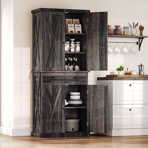 DWVO 72'' Farmhouse Kitchen Pantry, Rustic Wood Kitchen Storage Cabinets with Adjustable Shelves & Drawer, Tall Freestanding Cupboard for Dining Room, Living Room, Dark Gray