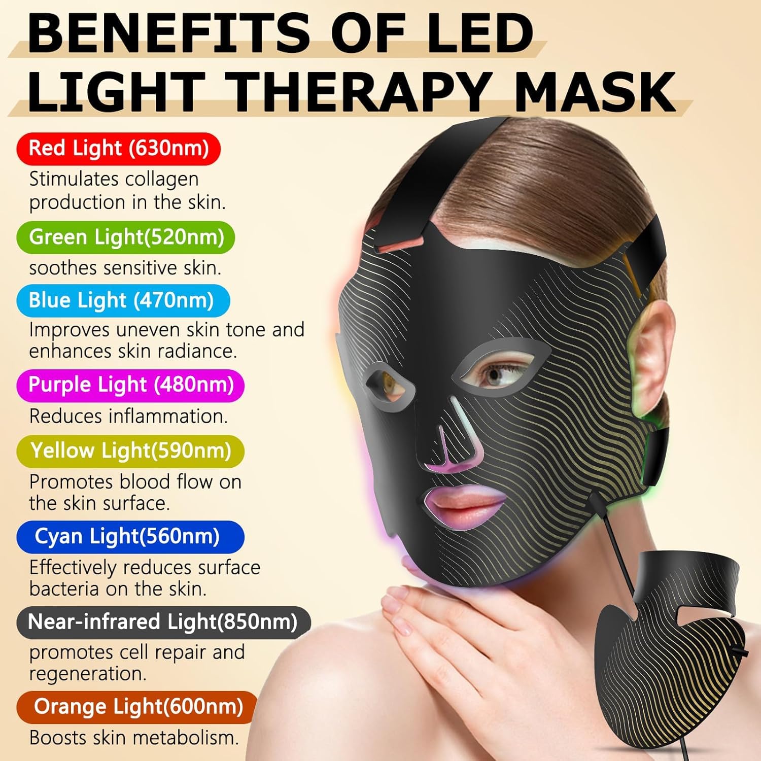 Masque de luminothérapie LED pour le visage et le cou, 4 modes, masque facial infrarouge avec thérapie à la lumière rouge, masque lumineux LED en silicone, anti-âge pour tous les types de peau