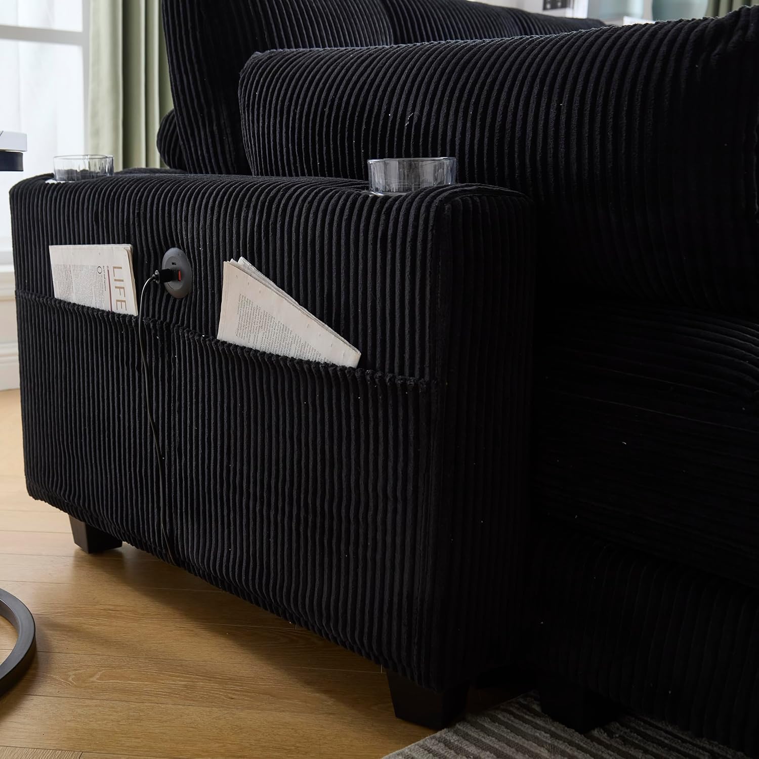 Oversized Lounge Chaise Convertible Sleeper Sofabed, Corduroy Sleeper Daybed Indoor Recliner Chair Sofa Bed with Cupholders and Adjustable Headrests for Living Room Bedroom Reading Home Apartment