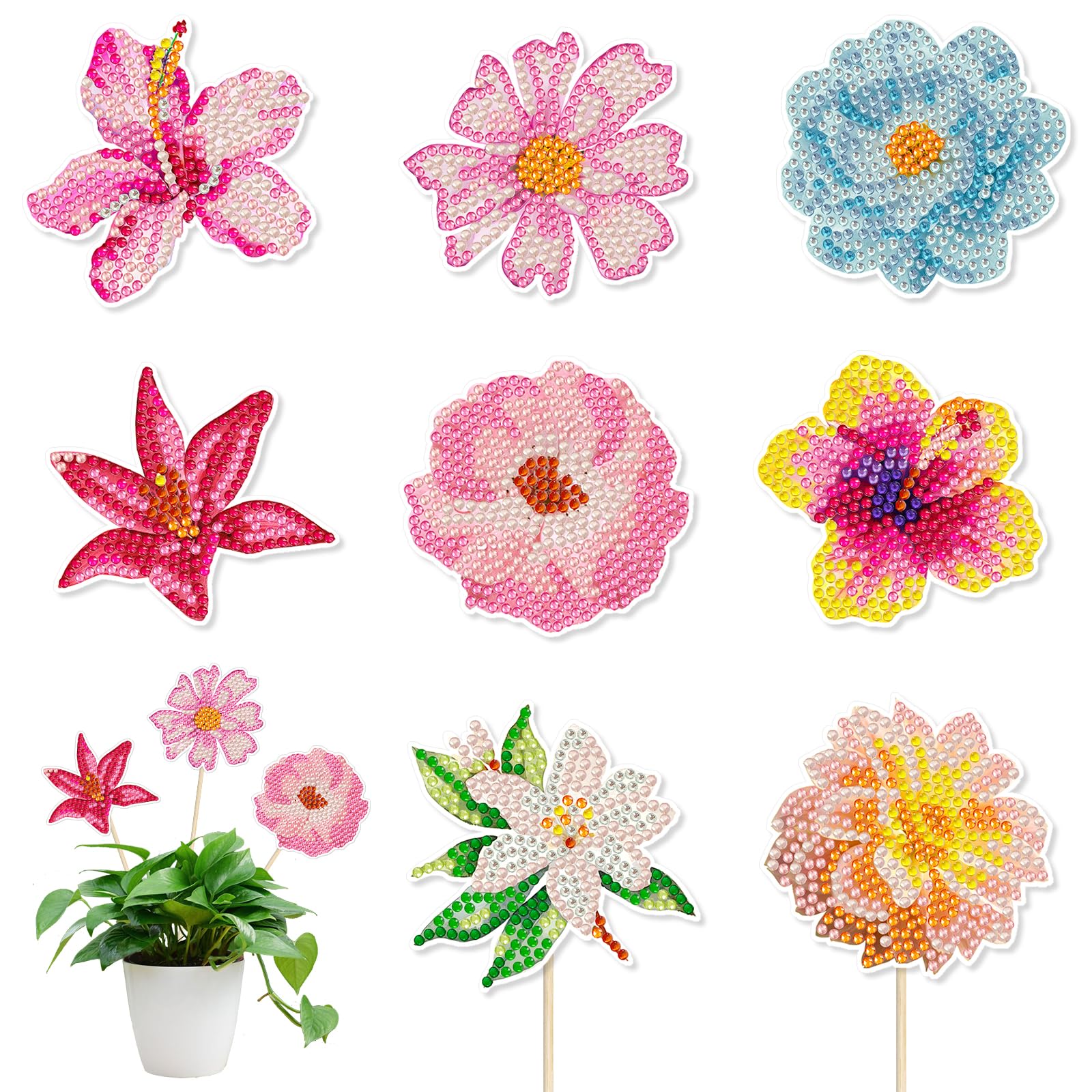 SHANFAA8PCS Flower Diamond Painting Sets,DIY 5D Diamond Painting Art for Garden Decor, Flower Stakes Diamond Art Kits, Flower Diamond Painting Ornaments Accessories
