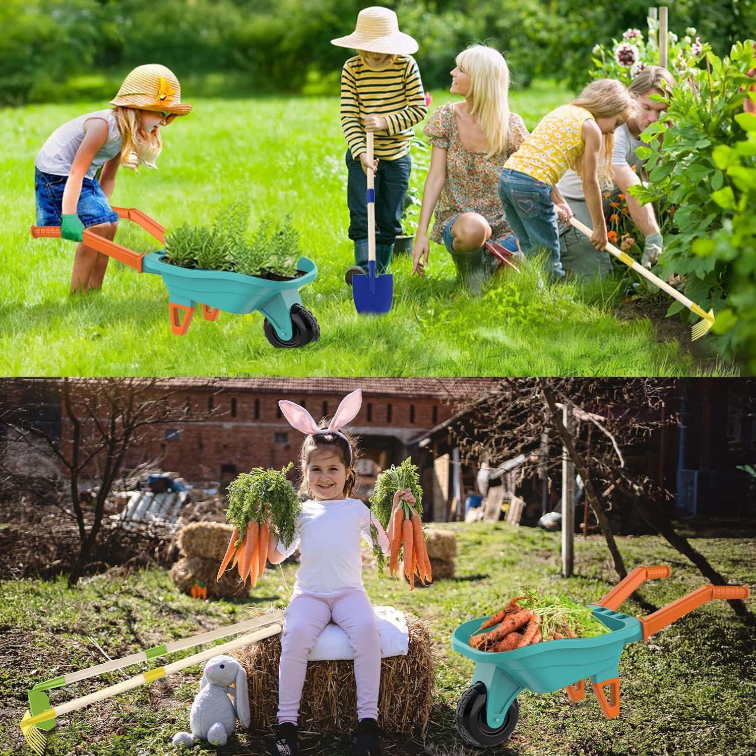 LATERN Juego de Herramientas de Jardinería para Niños, 70CM Carretilla con 70CM Metálica Pala Rastrillo Azada Hojas Rastrillo 20CM Pala Rastrillo Guantes para Exteriores Jardín Patio Césped Excavación