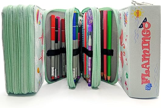 Limmy Double Flamingo Patterned Modelist Pencil Case Pencil Case Vegan Leather Three Compartment Pen Holder - Green