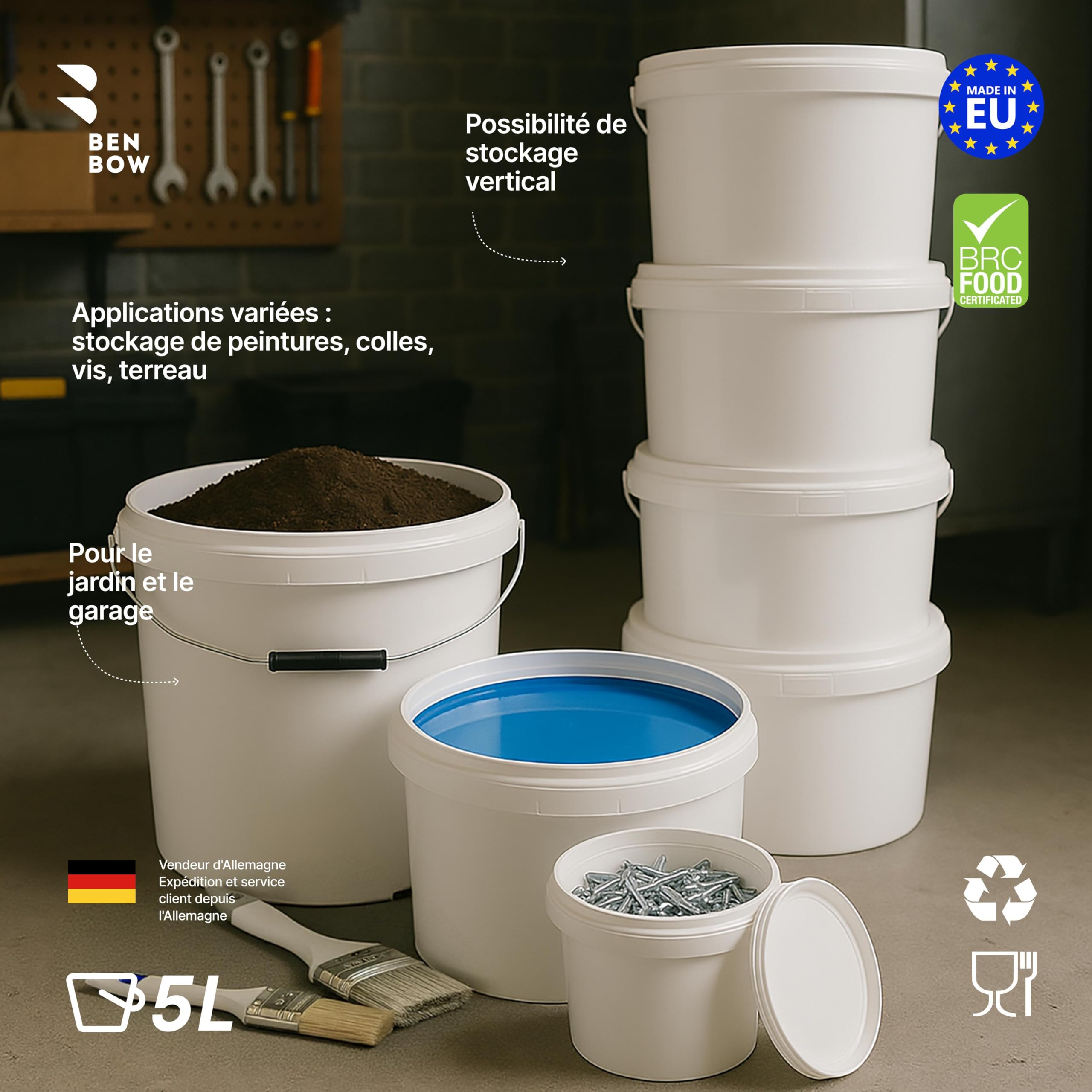 BenBow Seau avec Couvercle 5l Blanc - Convient pour Aliments, Stable, étanche à l'air, Anti-Fuite, inodore - récipient de Conservation en Plastique, avec poignée - Vide, 5X 5 litres