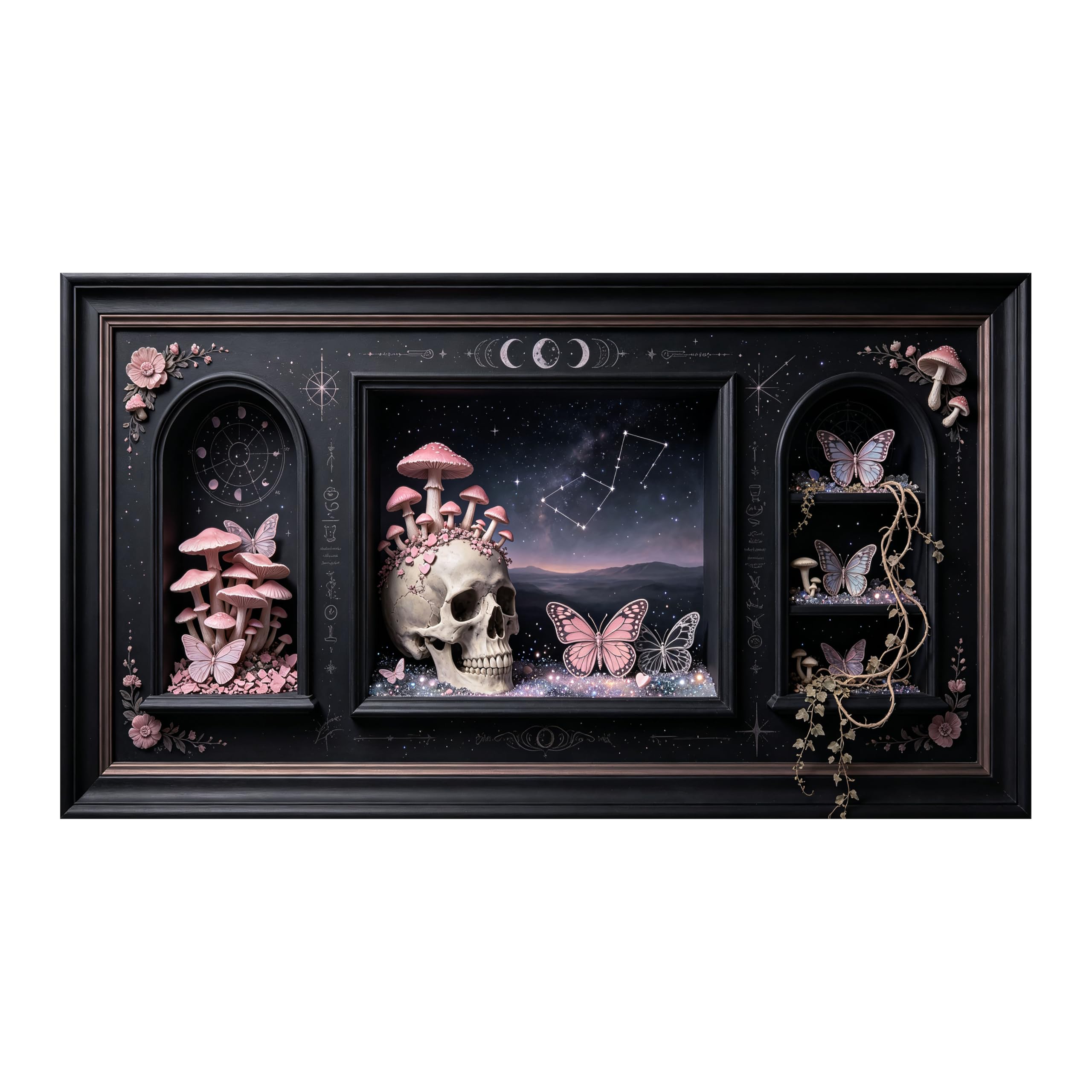 Yzpallescene Art260711181 3D Framed Wall Art Gothic Celestial Skull Mushroom Butterfly Surrealism Large Size Selfadhesive Removable Wall Decor Prints Artwork For Living Room Bedroom Office