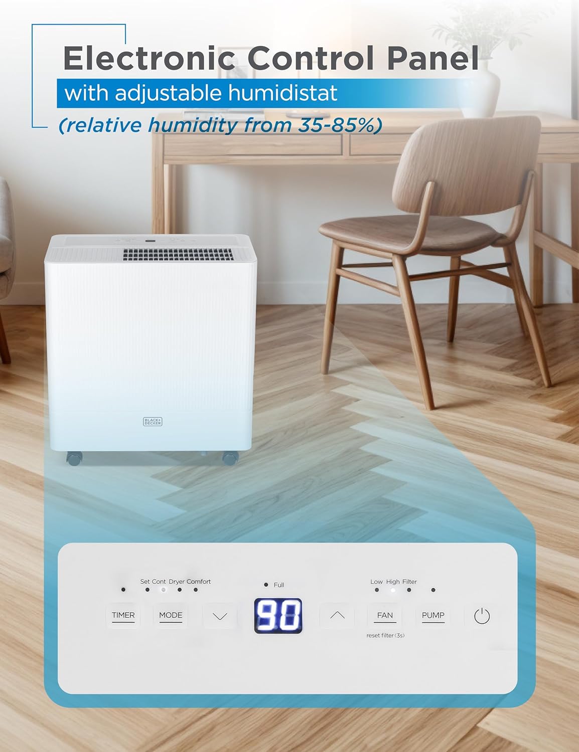 Close-up of the BLACK+DECKER 50-Pint Portable Dehumidifier's electronic control panel with LED display.