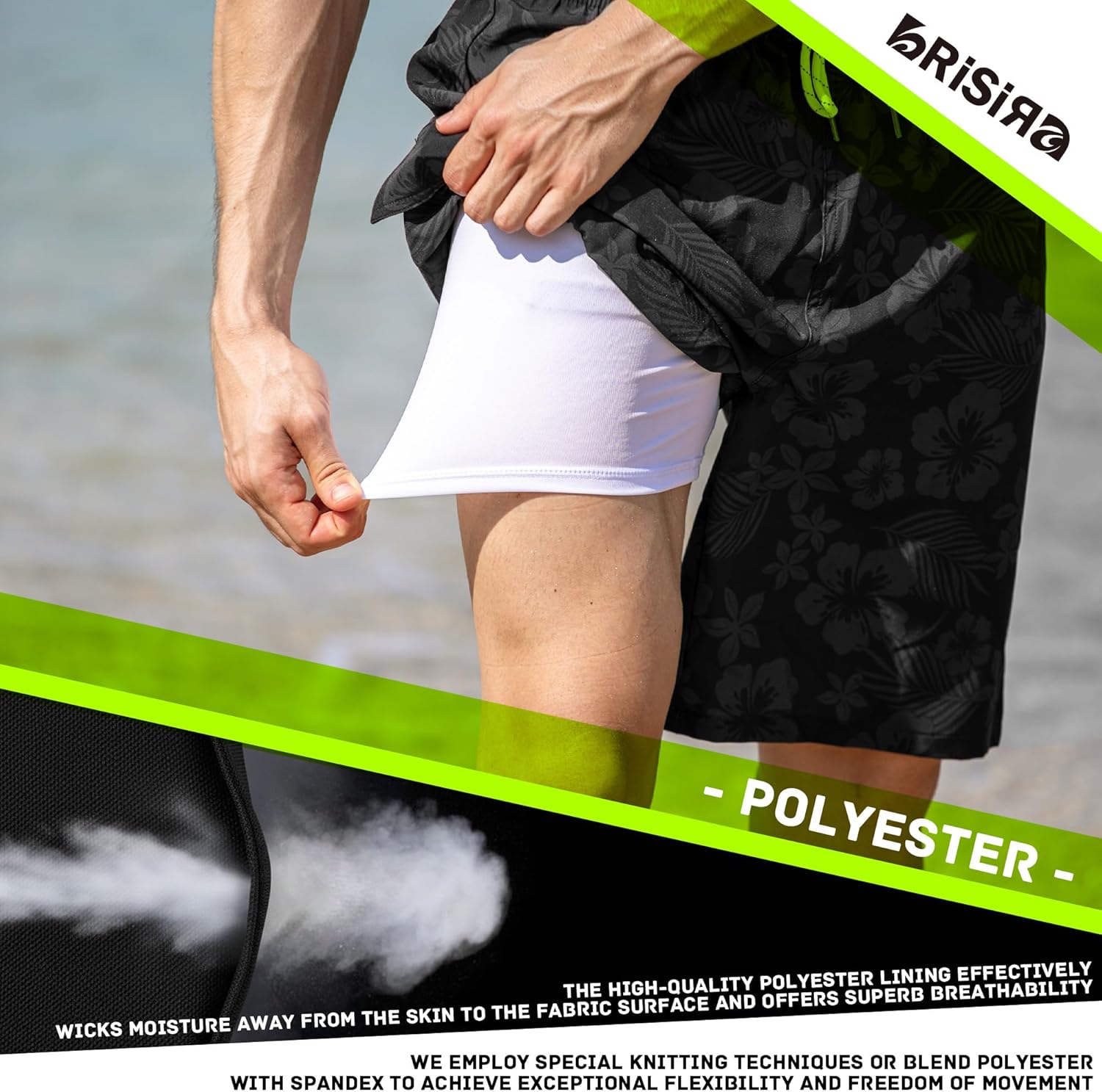 BRISIRA Mens Swim Trunks Bathing Suit 9 Inch Inseam Compression Liner Beach Long Board Shorts Swimsuit Anti-Chafe Quick Dry