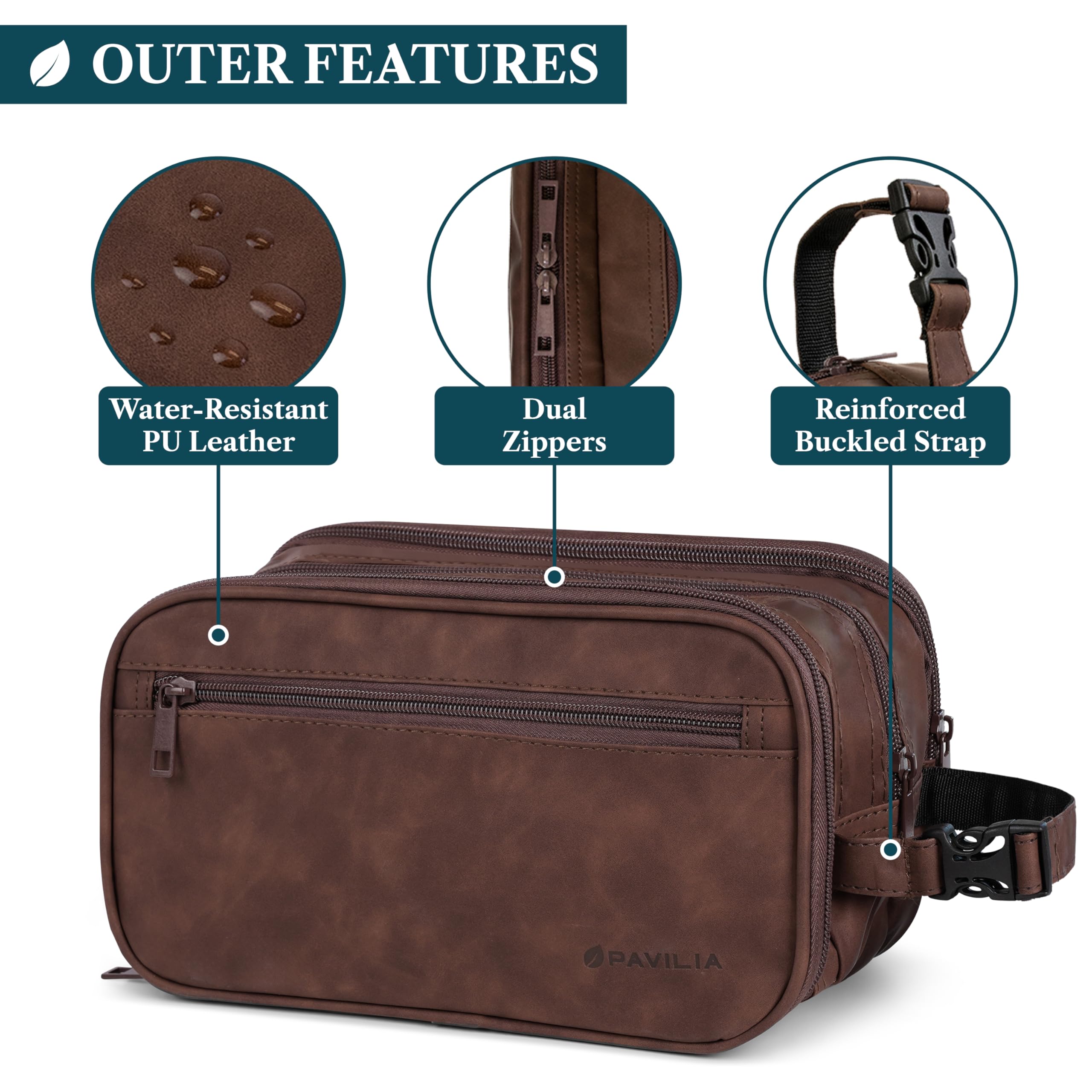 PAVILIA Beauty case da uomo, borsa da viaggio essenziale per rasatura, borsa da viaggio organizer per articoli da toeletta, accessorio per cosmetici, resistente all'acqua, Marrone, One Size, Da