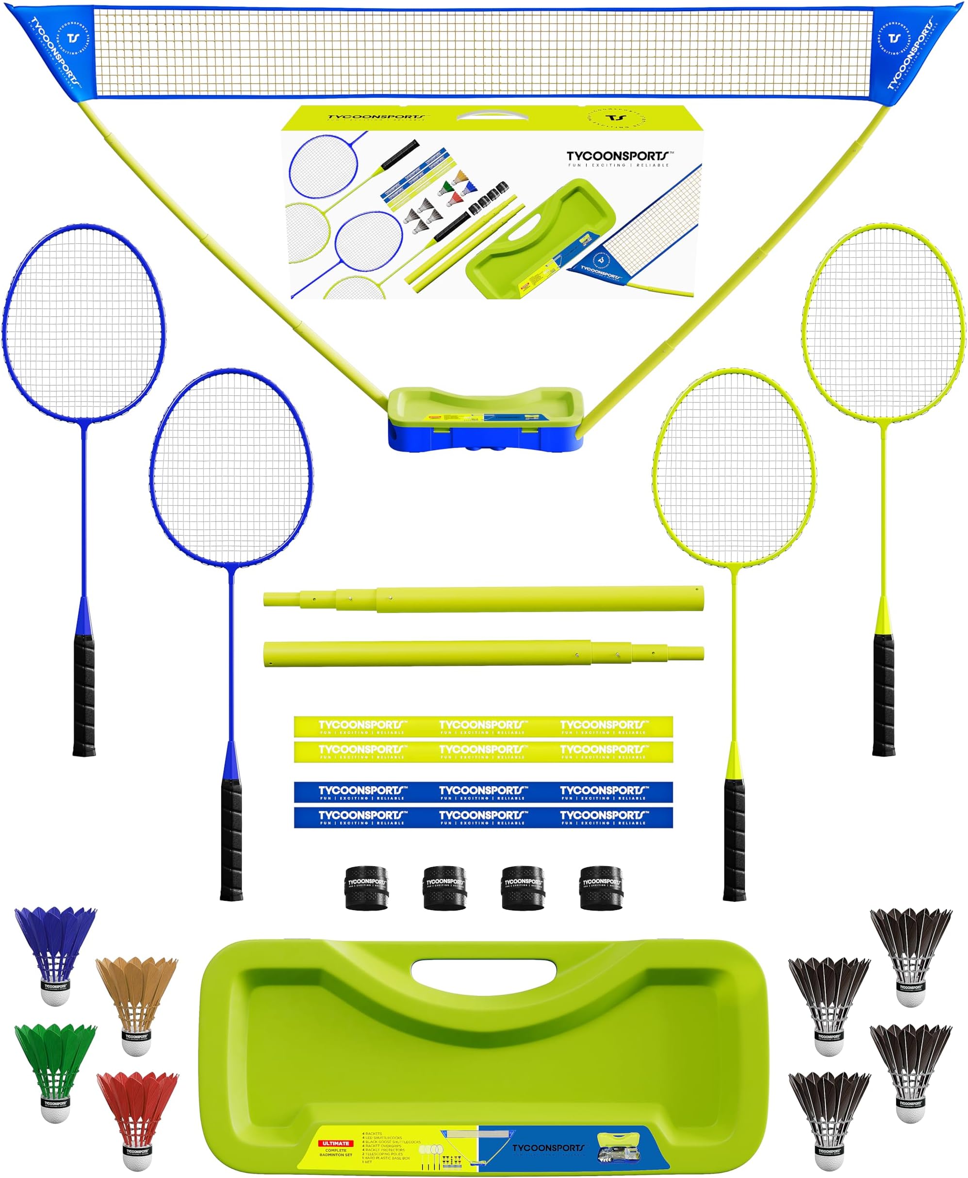 Complete Badminton Set | Portable Badminton Net with Stand 10 x 5 | 4 Badminton Rackets | 4 Over-Grips | 4 Racket Protectors | 8 Badminton Birdies (4 LED & 4 Goose-Feather) | 1 Hard Carry Case