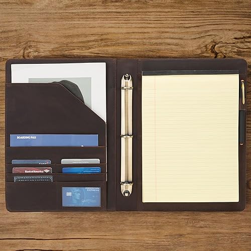 Miniatura 2 de Geslun Cartera de cuero genuino con carpeta de 3 anillas, soporte para bloc de notas A4, soporte para bolígrafo, soporte de cuero profesional,