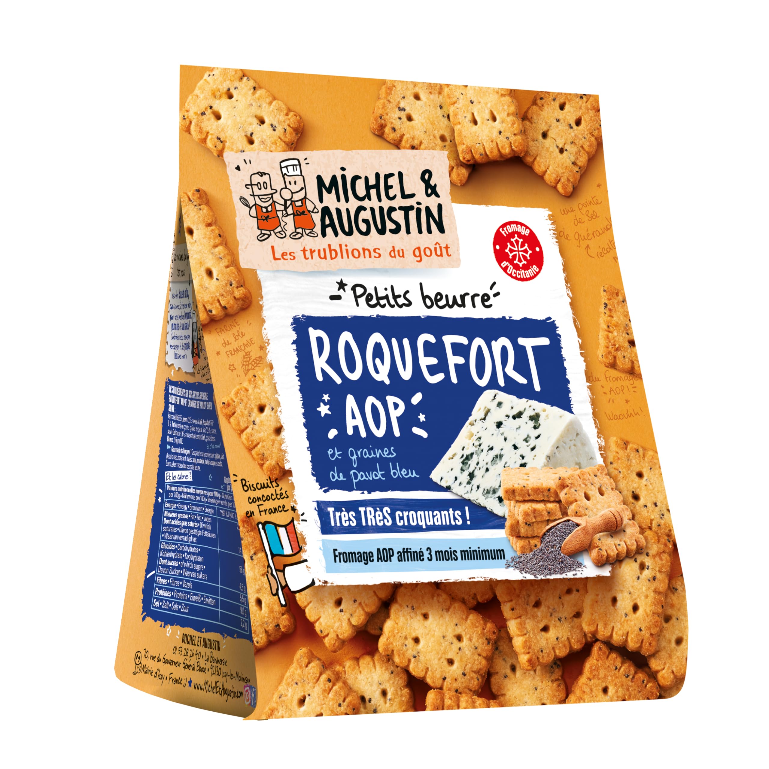 Michel & Augustin – Petits Beurre Salés au Roquefort AOP et Graines de Pavot Bleu – Biscuits Apéritifs Gourmands – Fabriqués en France – 100g x 8