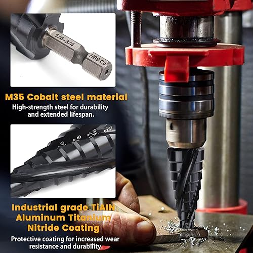 Miniatura 5 de MulWark M35 - Juego de brocas de paso de cobalto con punzón central, 3 unidades con revestimiento TiAlN (18-78 pulgadas, vástago hexagonal de 4