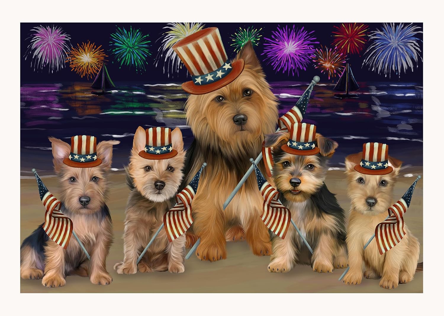 Australian Terrier Dog Independence Day Flat Rolled Canvas, Patriotic Puppy Poster Print, USA Flag Fireworks Beach Wall Décor - Flat Rolled Canvas, 8" x 10"