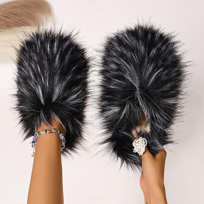 Women's Fluffy Faux Fur Slippers Furry Soft Plush Home Slippers Indoor Outdoor Non-Slip Slippers