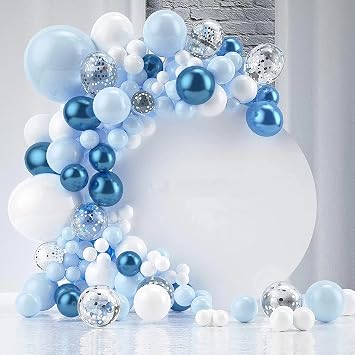 بالونات زرقاء وبيضاء Garland Kit-107 Pcs بالونات أحجام مختلفة ، أزرق فاتح أبيض كونفيتي بالونات لاتكس فضية لزينة عيد ميلاد حفل زفاف بغل أبيض