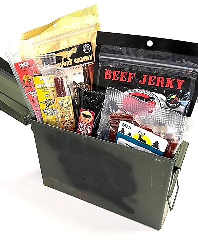 Jerky Dynasty Exotic & Gourmet Jerky Survivor's Kit en una lata de munición – Piezas enteras y palos de primera calidad para camping, senderismo,