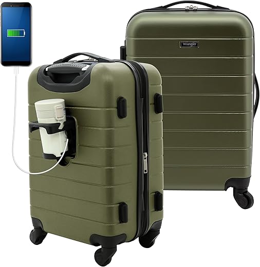 Wrangler Smart Luggage Set with Cup Holder and USB Port, Olive Green, 20-Inch Carry-On