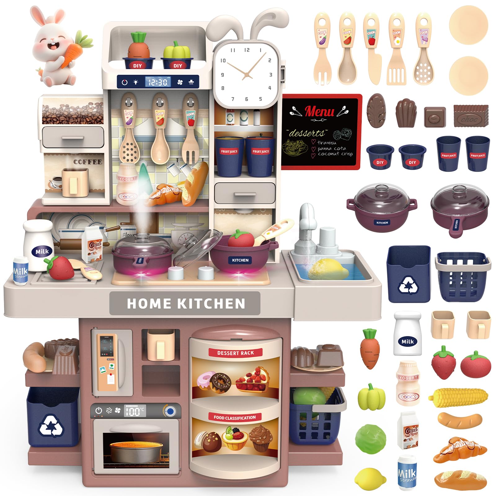 Ulikey Cocina Infantil, Cocina de Juguete, 50 Accesorios de Cocina para Niños, Cocina de Juguete Multifuncional con Sonidos Luces, Horno de Comidas, Juguetes de Cocina para Niños de 2-6 Años (Rosa)