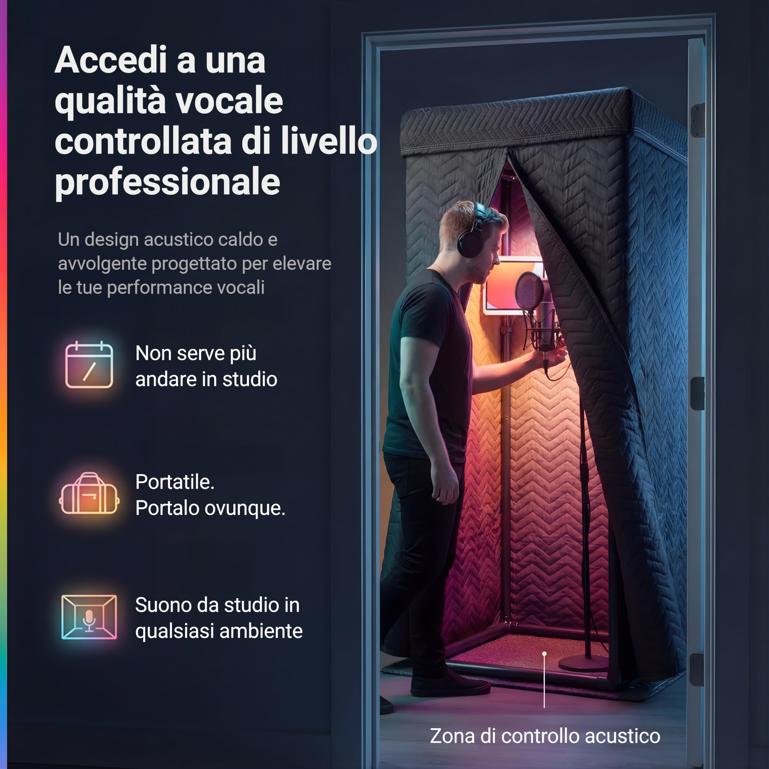 Snap Studio Vocal Booth - Cabina audio da studio consigliata per la registrazione di voci asciutte, senza eco - Riduzione del riverbero dell'80% e isolamento a 360° - Clipmount, luci, borsa da viaggio