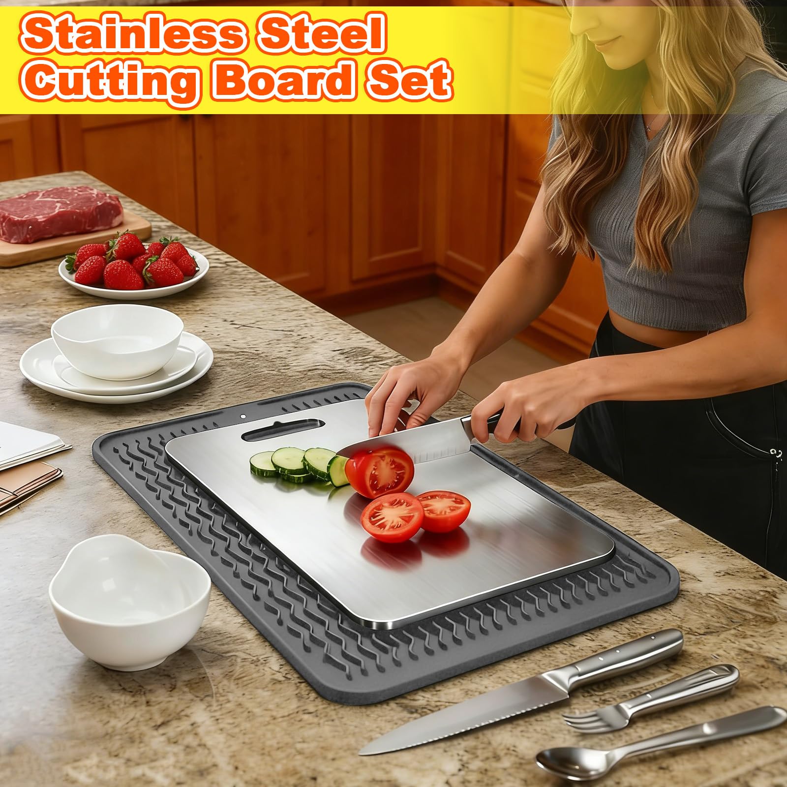 3 Pièces Planche Decouper Titane avec Tapis Silicone, Planches Cuisine Acier Inoxydable, Cutting Board Face Double Qualité Alimentaire,Planche Hygiénique Lave-Vaisselle pour Viande,Légumes et Fruits
