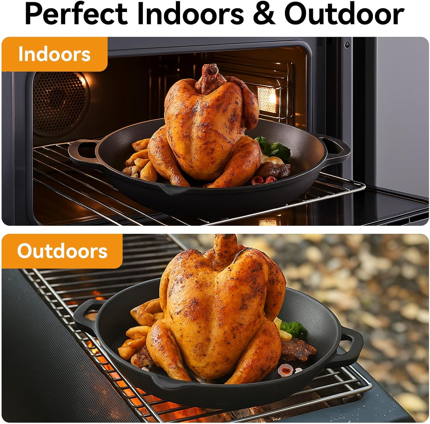 Universal Cast Iron Chicken Roaster, Pre-Seasoned Poultry Roaster with Drip Pan – Vertical Roaster Stand Grilling Accessories Rack for 22" Kettle Grills/Oven/Smoker