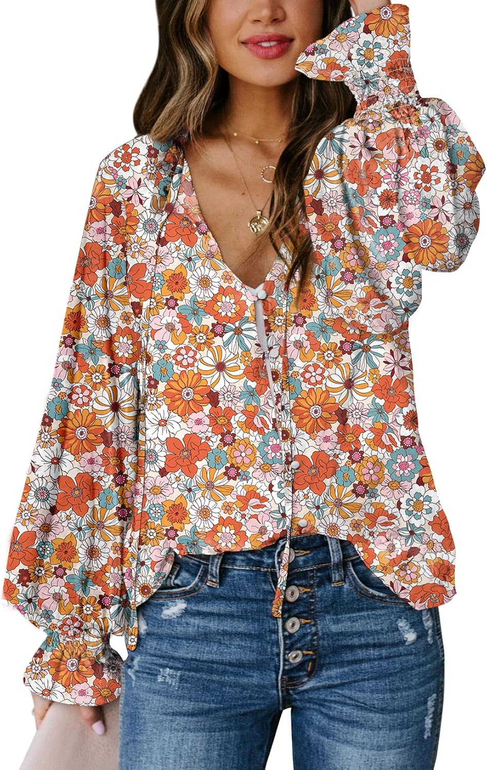 Biucly Women's Casual Boho Floral Print V Neck Long Sleeve Drawstring Tops Loose Blouses Button Down Shirts