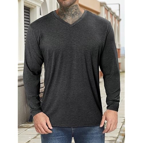 Men's Casual Oversized Tshirts Workout Long Sleeve T-Shirt Dry Fit Lightweight V-Neck Tee Tops（