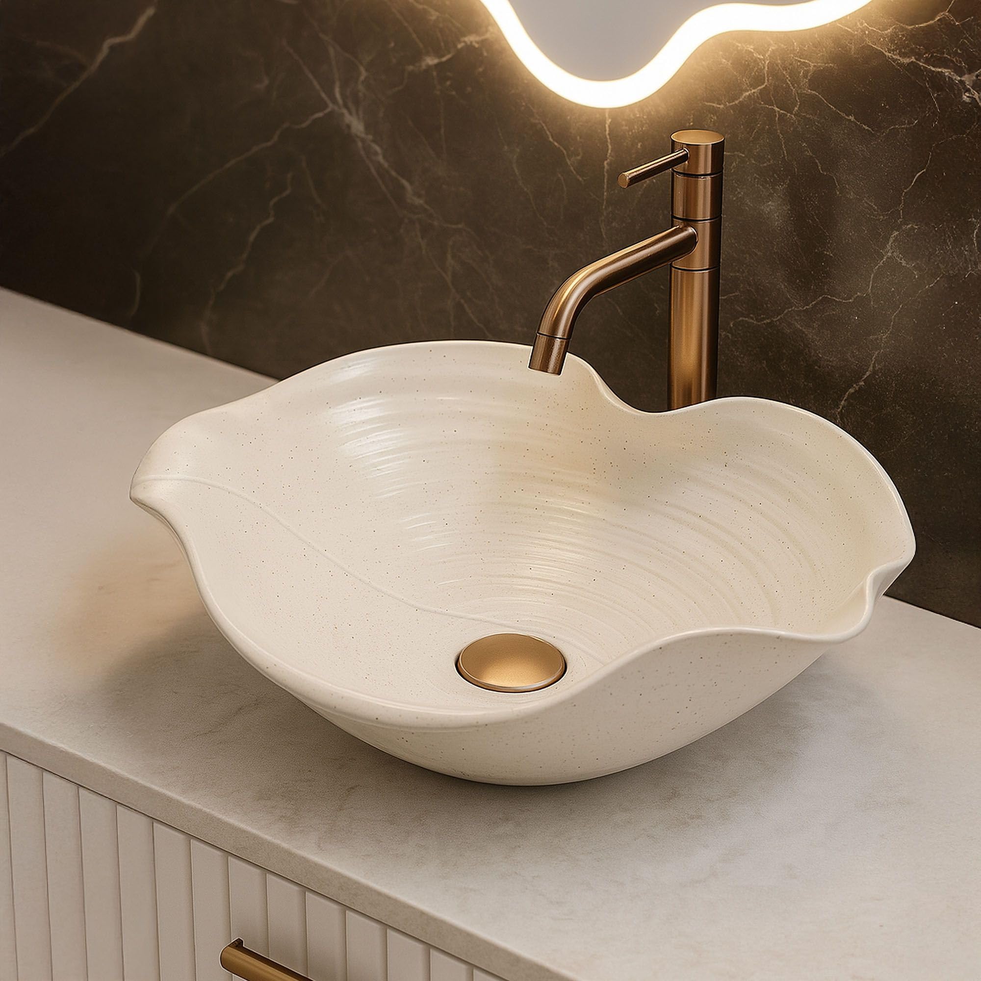 Rea - Lavabo Da Appoggio Asimmetrico Hm-02, Beige, Ecru, Pietra Artificiale, Ceramica Sanitaria, 54X40X18Cm