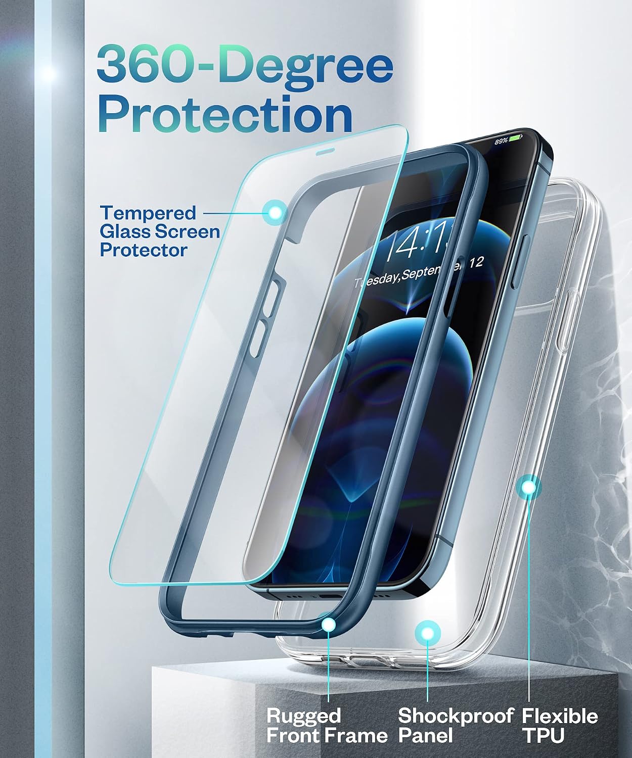 GVIEWIN Compatible with iPhone 12/ iPhone 12 Pro Case 6.1", with [2 Tempered Glass Screen Protectors] Crytal Clear 360 Full-Body Shockproof Women Protective Phone Cover (Blue)