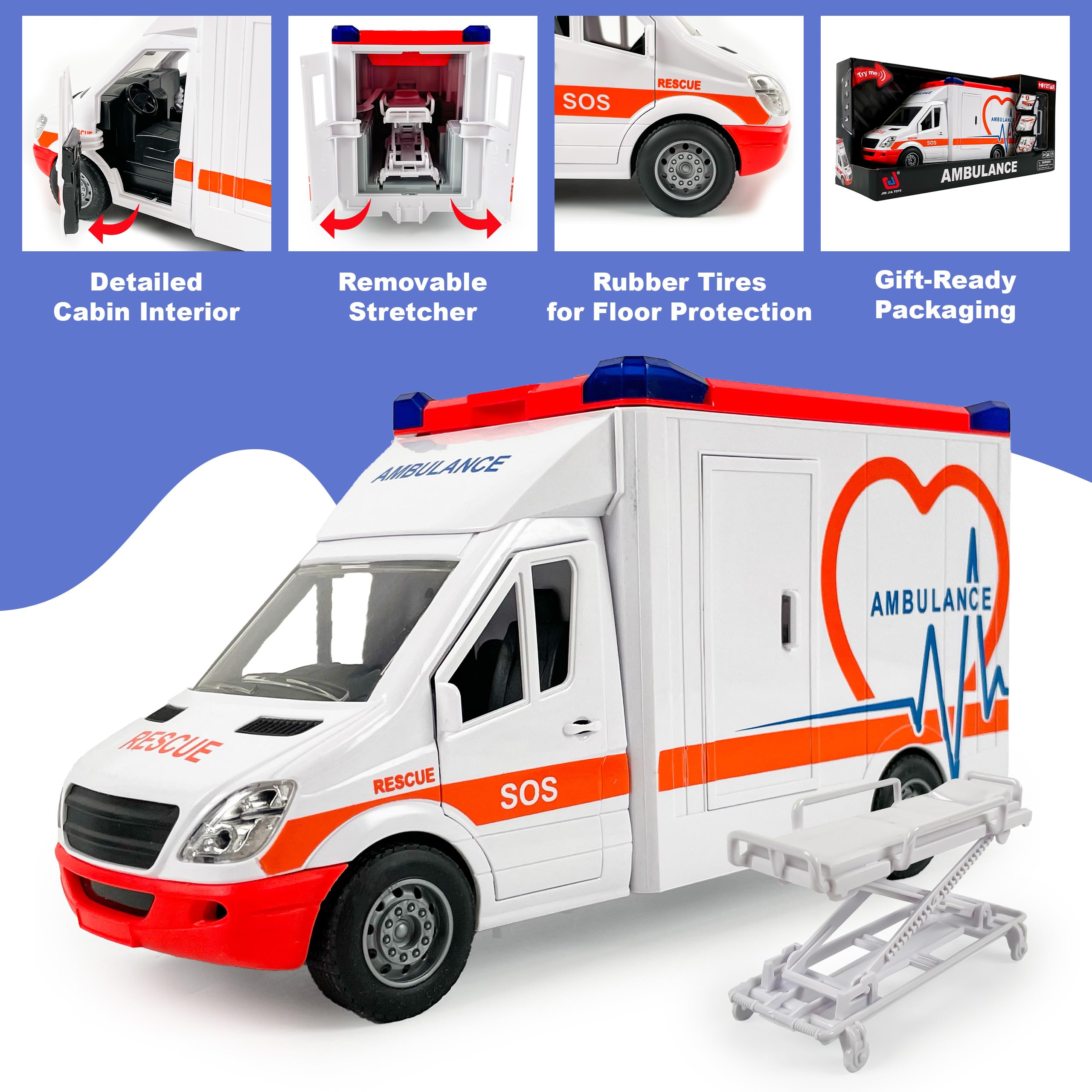 CELMAN Juguete de ambulancia, ambulancia ambulancia con camilla, portón trasero para abrir, luz y sonido, coche de juguete grande para niños a partir de 3, 4, 5, 6, 7, 8 años