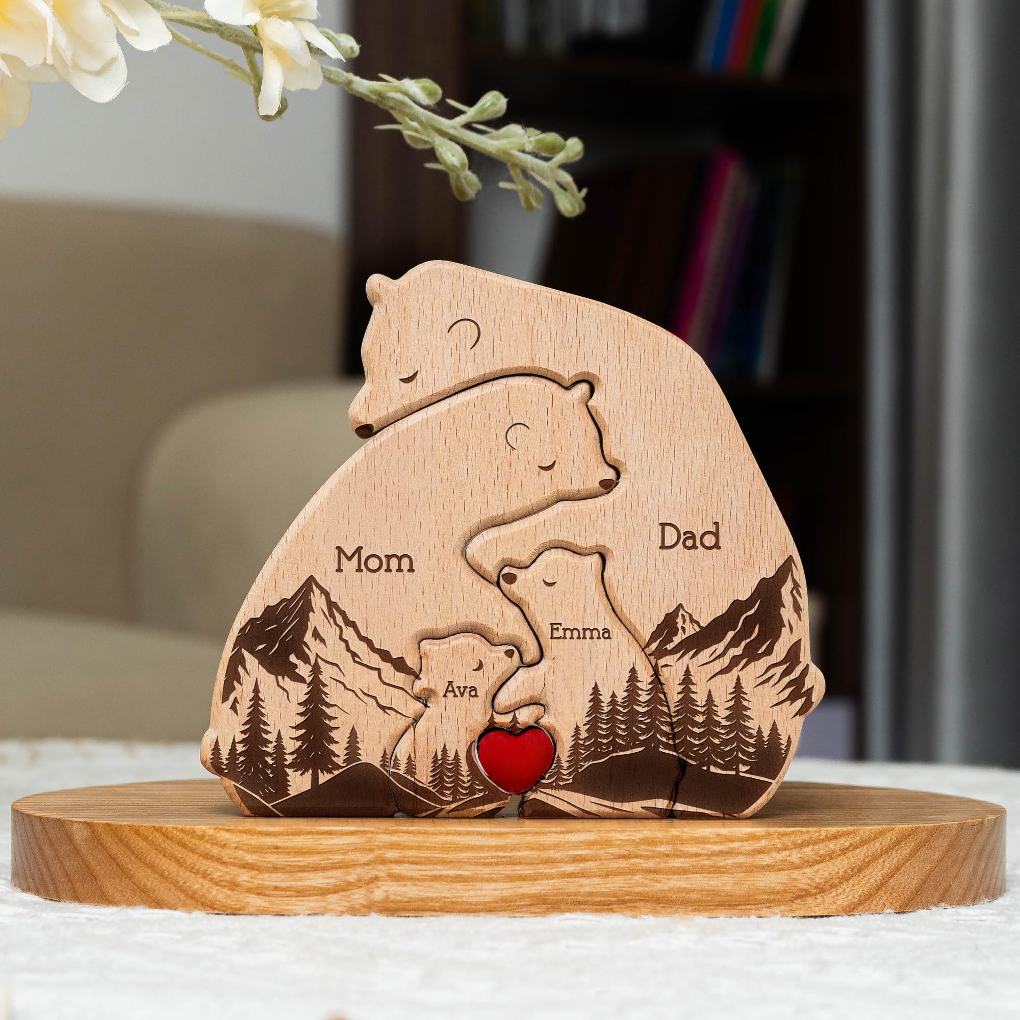 Macorner Personalized Wooden Hugging Bear Family Figurine, for Dad from Daughter, Dad Gifts, Mom Birthday Gifts, Wooden Family Home Decor, Gifts for