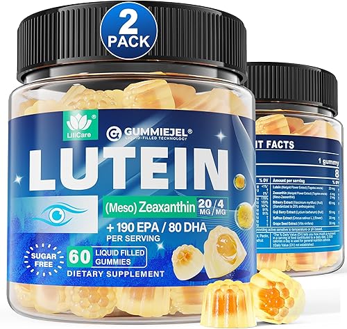 Paquete de 2 gomitas de luteína sin azúcar de 20 mg 40 mg y zeaxantina para ojos con EPA 190 mg y DHA 80 mg, gomitas rellenas de vitaminas para los