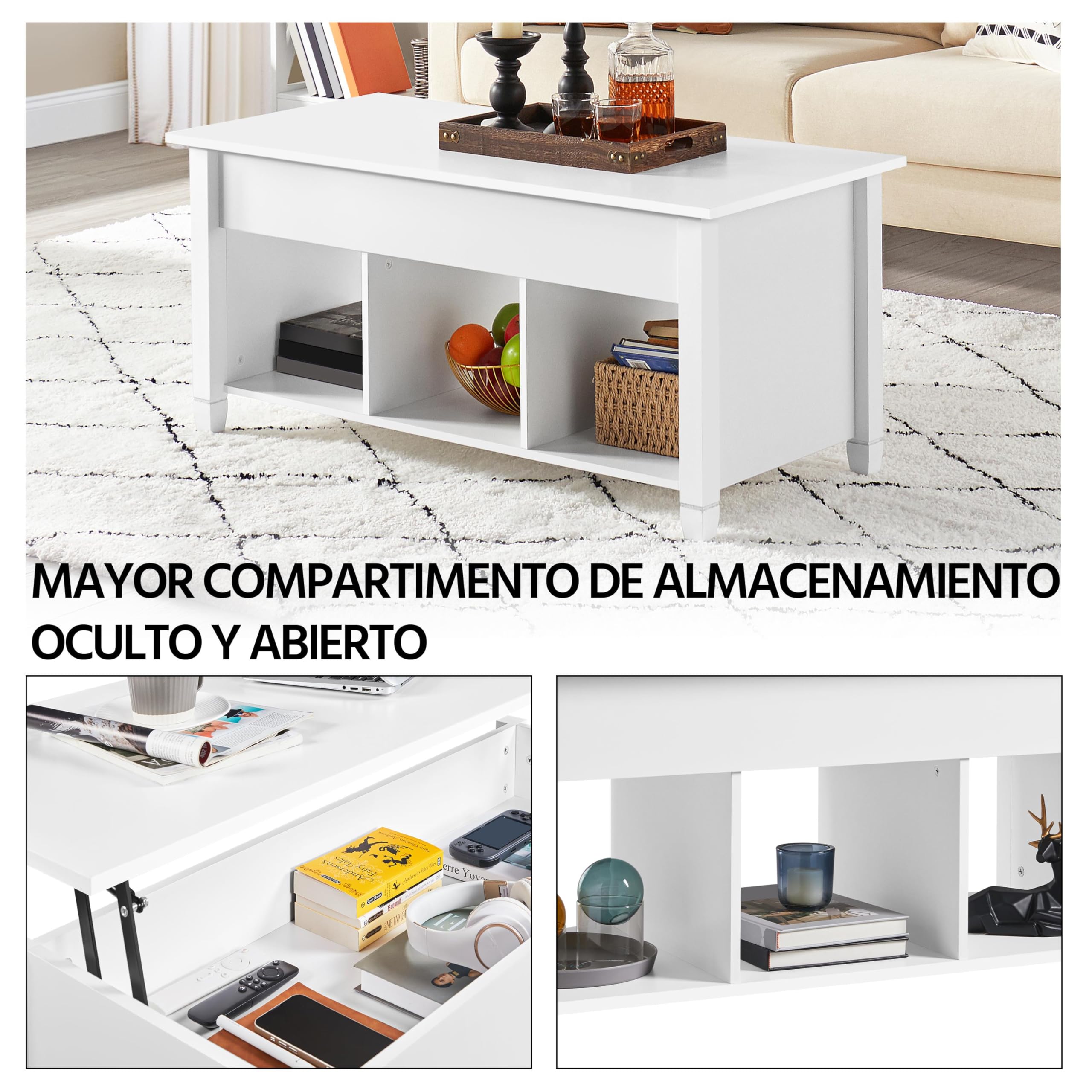 Yaheetech Mesa de Centro Elevable con Cajón 104,5 x 49,5 x (49-62) cm | Mesa de Café para Salón de Estilo Moderno con Patas de Madera Maciza Blanco