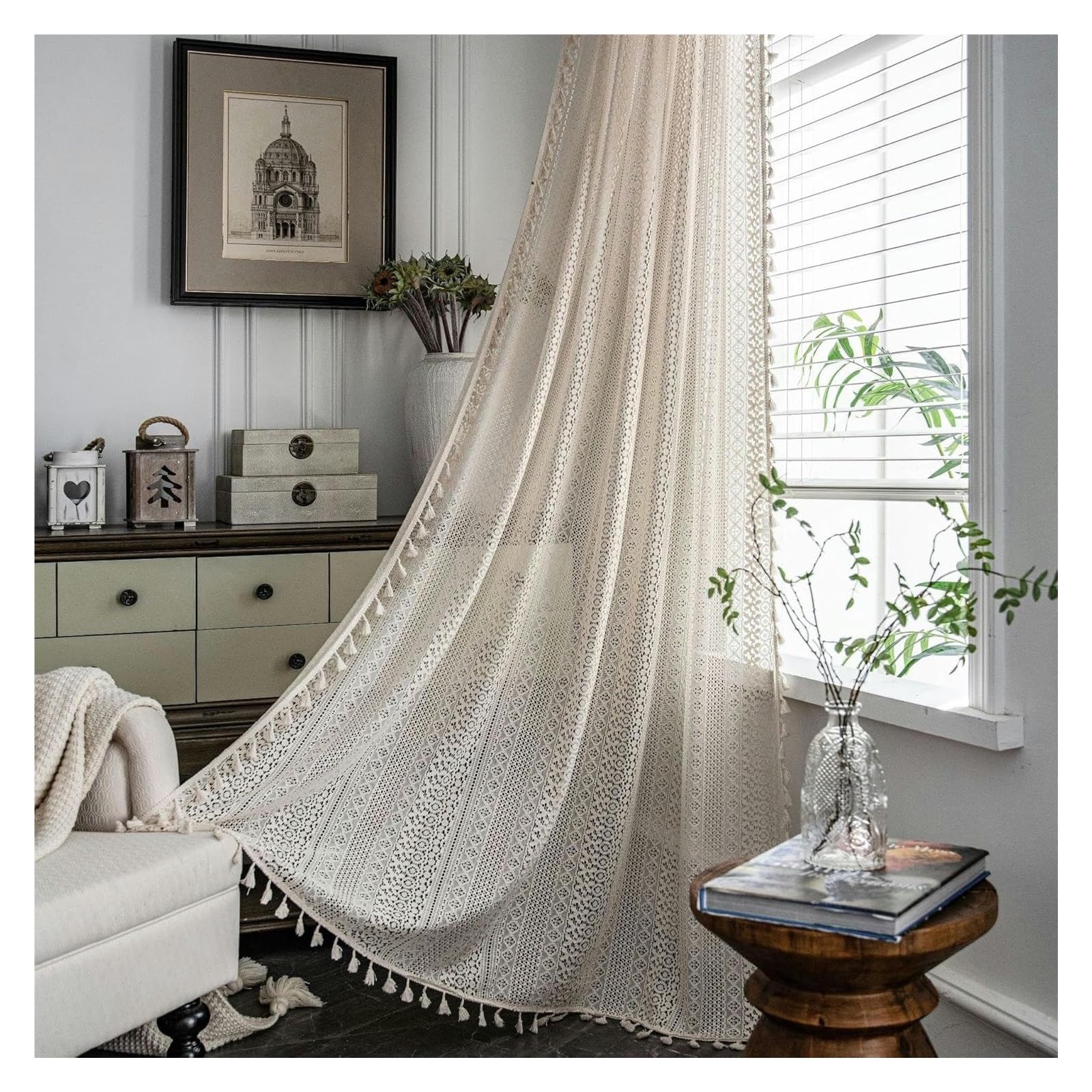 Rideaux occultants au crochet, lin premium beige pour salon élégant